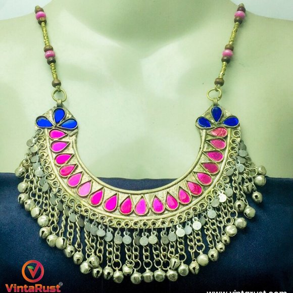 Beaded Chain Choker Necklace With Pink Glass Stones, Tribal Statement - Picture 4 of 9